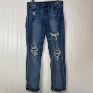 Judy Blue Jeans Women's 9/29 Blue Boyfriend Fit‎ Mid - Rise Distressed  Splatter